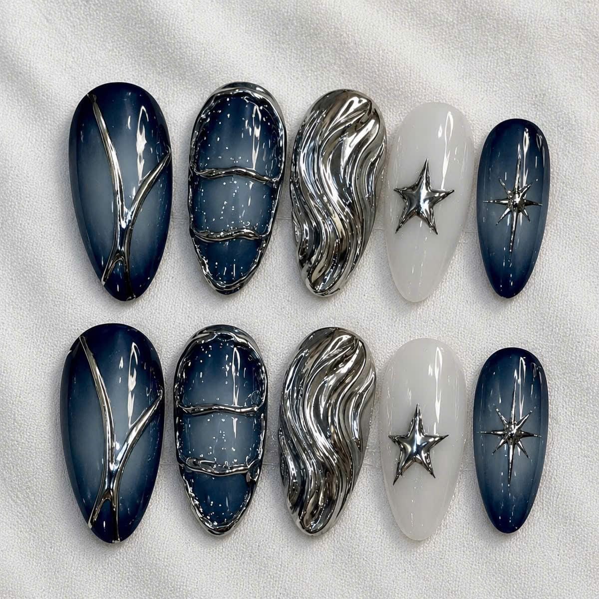 Blue Chrome Press-On Nails – 3D Star Almond – Y2K Metallic