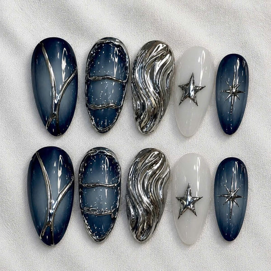 Blue Chrome Press-On Nails – 3D Star Almond – Y2K Metallic
