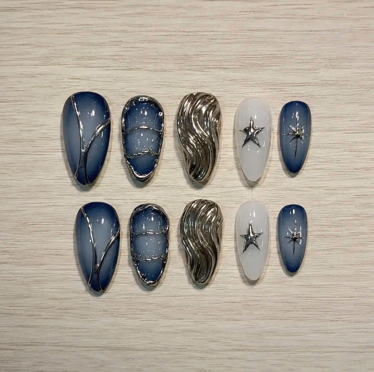 Blue Chrome Press-On Nails – 3D Star Almond – Y2K Metallic