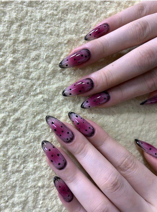 Burgundy Aura Press-On Nails – Black Polka Dot Almond – Smoky Ombre