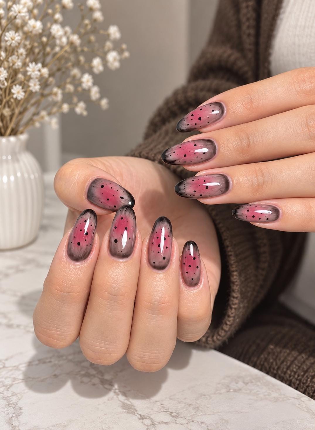 Burgundy Aura Press-On Nails – Black Polka Dot Almond – Smoky Ombre