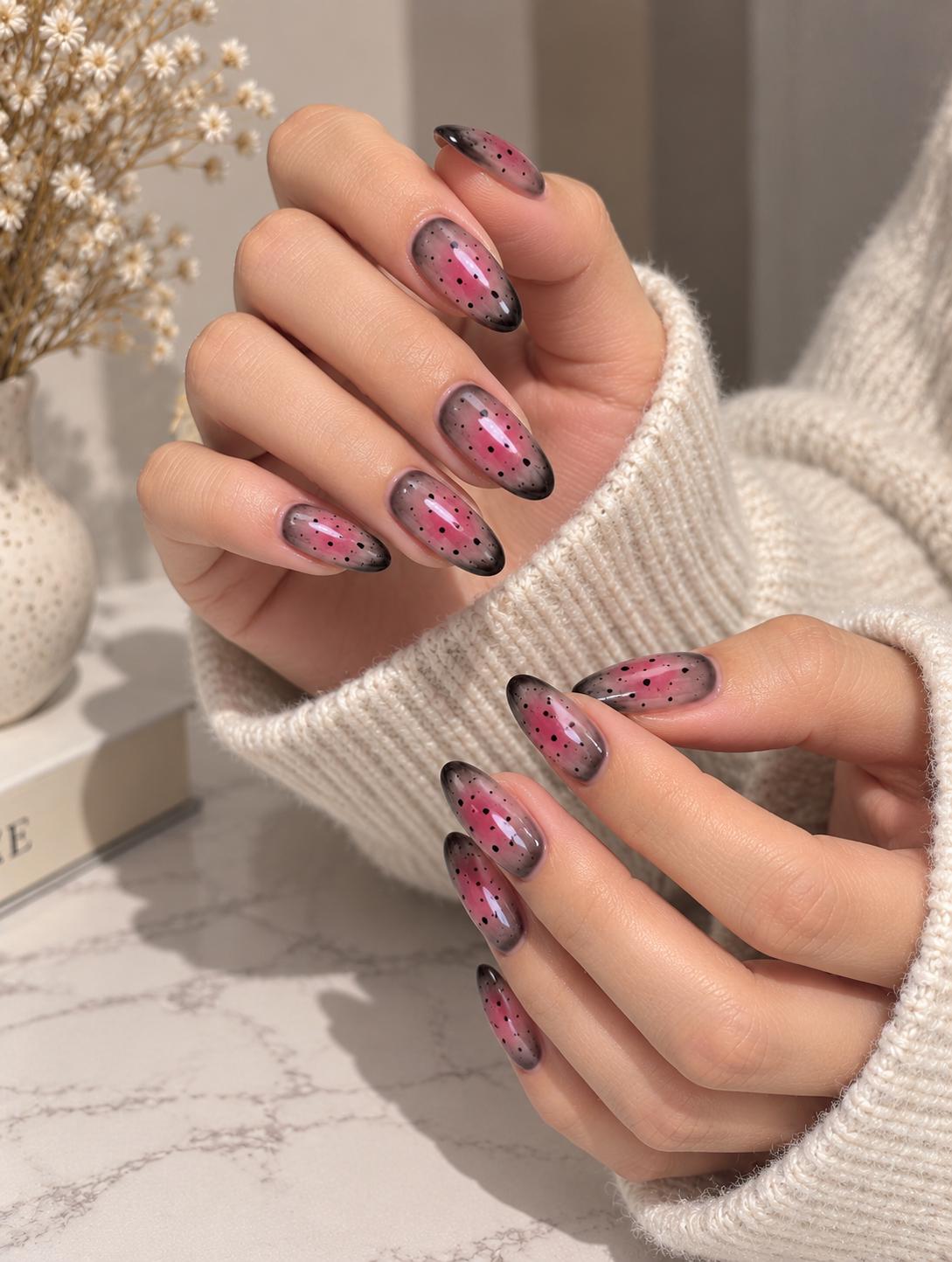 Burgundy Aura Press-On Nails – Black Polka Dot Almond – Smoky Ombre