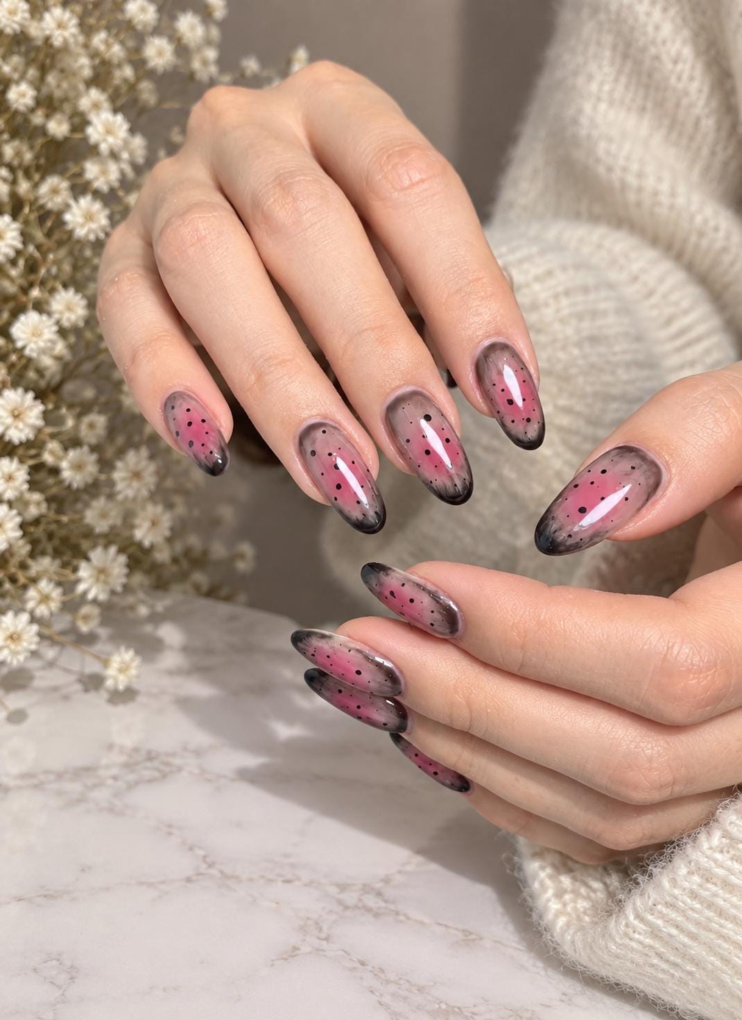 Burgundy Aura Press-On Nails – Black Polka Dot Almond – Smoky Ombre