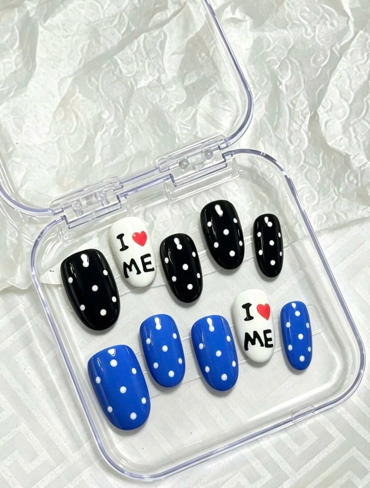 Blue Black Polka Dot Press-On Nails – I Love Me Details – Short Oval
