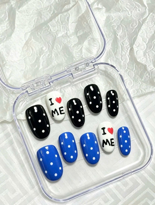 Blue Black Polka Dot Press-On Nails – I Love Me Details – Short Oval