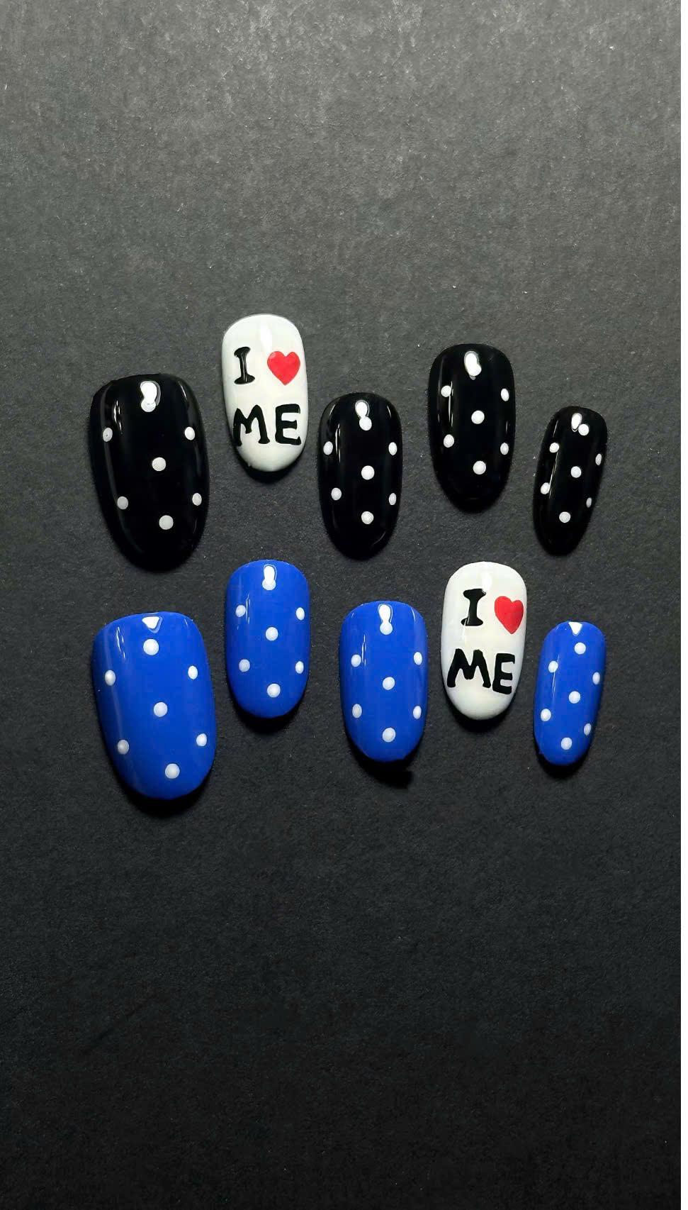Blue Black Polka Dot Press-On Nails – I Love Me Details – Short Oval