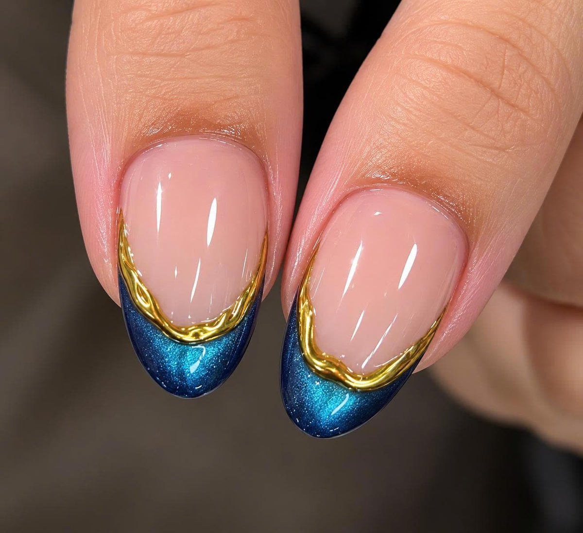 Blue Gemstone Press-On Nails – Gold 3D Jewel Details – Almond