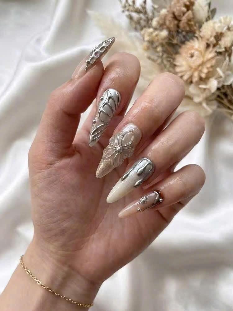 Y2K Press-On Nails – Brown Nude Chrome – 3D Silver Butterfly