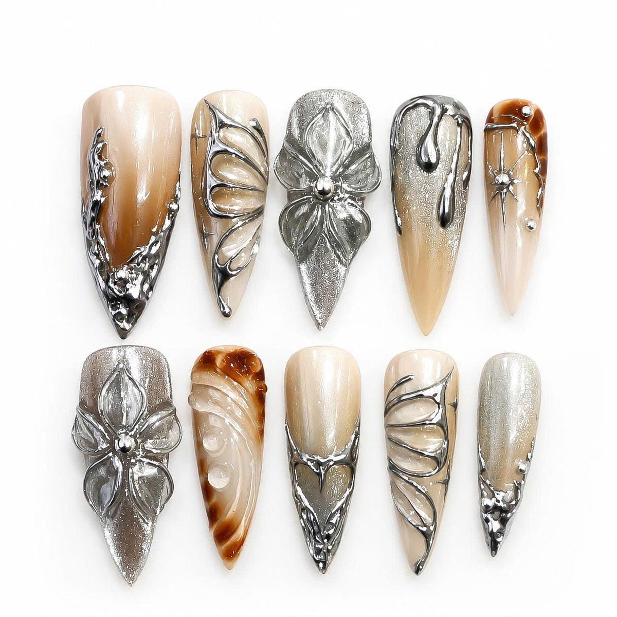 Y2K Press-On Nails – Brown Nude Chrome – 3D Silver Butterfly