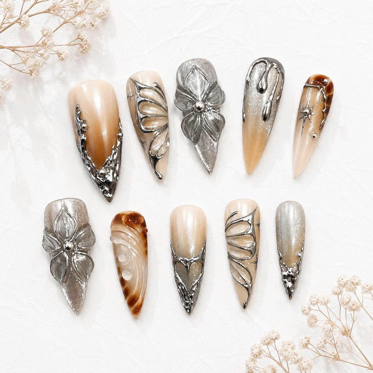 Y2K Press-On Nails – Brown Nude Chrome – 3D Silver Butterfly