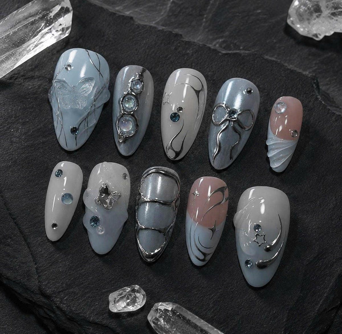 Blue Press-On Nails – Y2K Chrome – 3D Bow