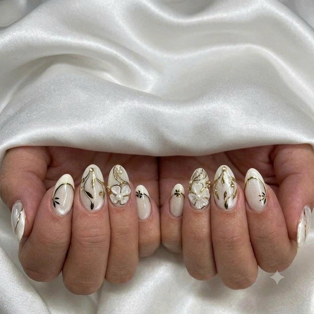 White Floral Press-On Nails – 3D Flower – Gold Chrome Almond