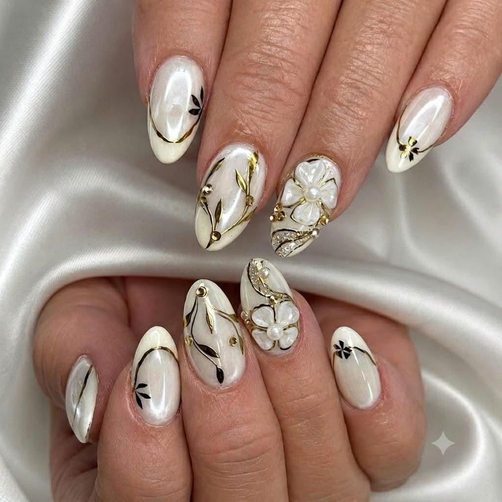 White Floral Press-On Nails – 3D Flower – Gold Chrome Almond