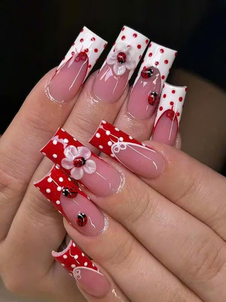 Ladybug Press-On Nails – Red French Tip – 3D Flower Details