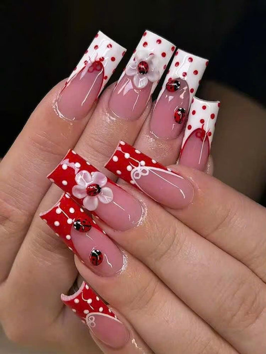 Ladybug Press-On Nails – Red French Tip – 3D Flower Details