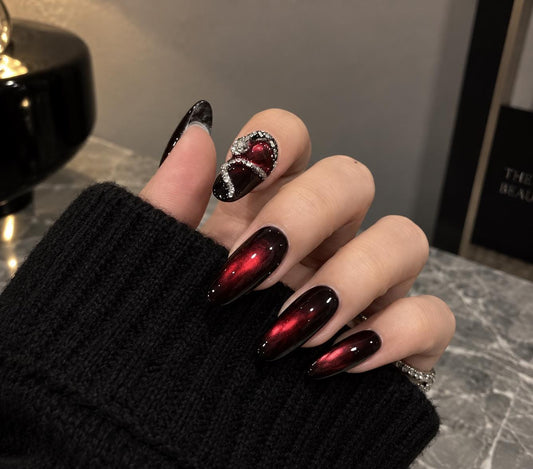 Dark Red Cat Eye Press-On Nails – Black Cherry – 3D Rhinestone Details