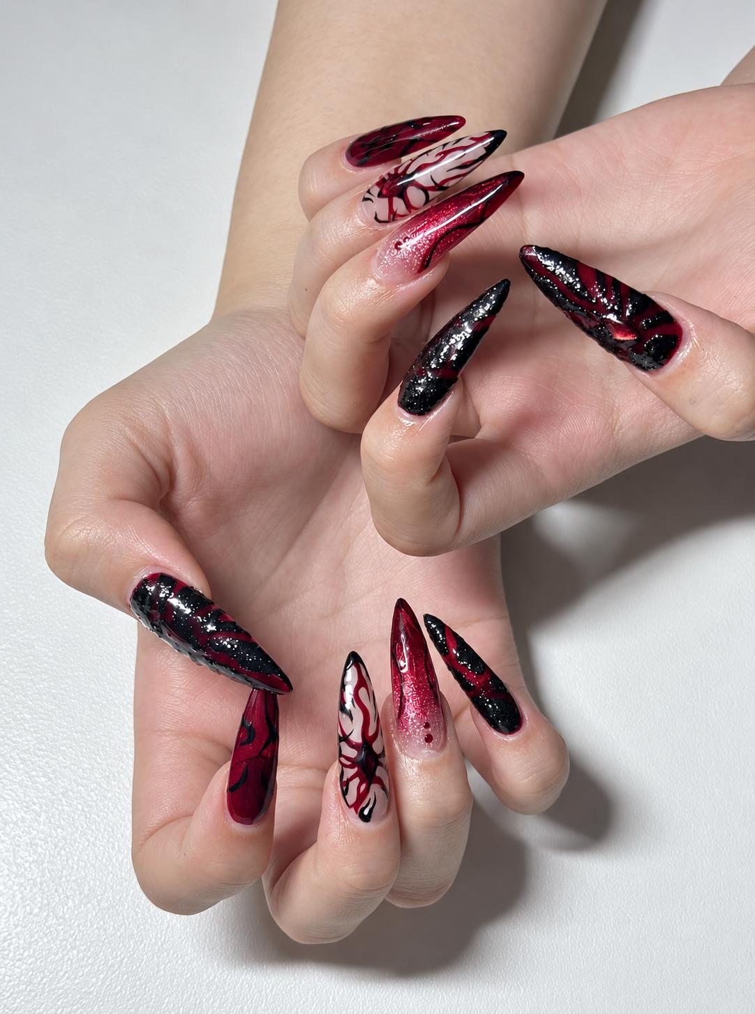 Halloween Press-On Nails – Blood Red & Black – Gothic Stiletto