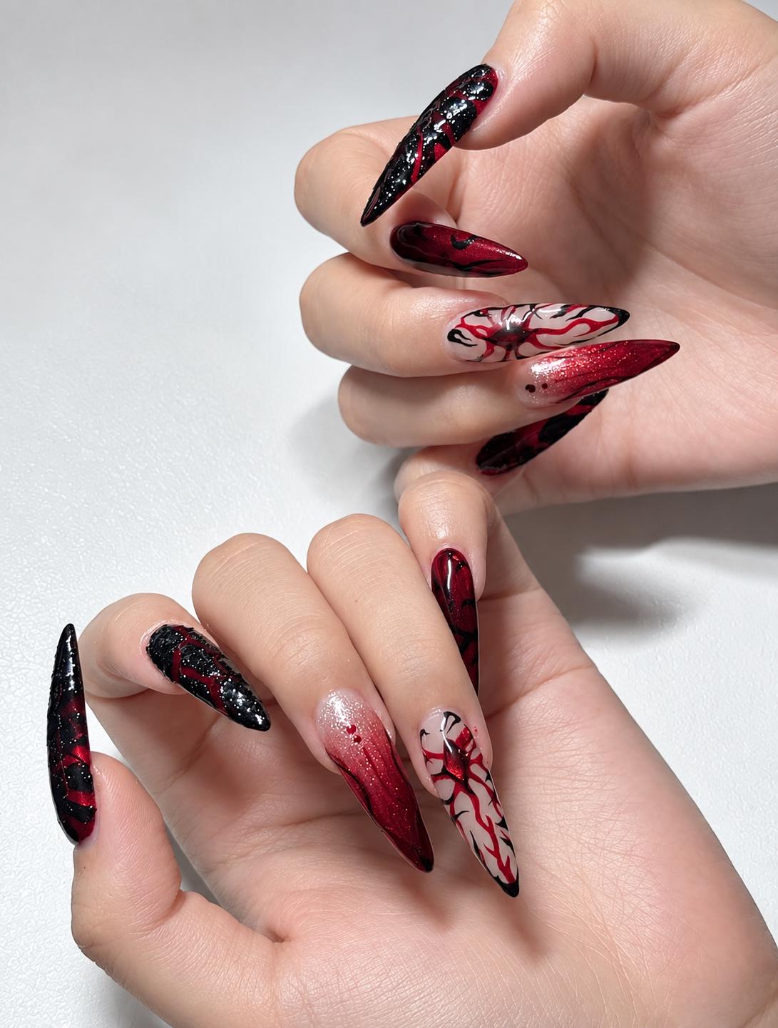 Halloween Press-On Nails – Blood Red & Black – Gothic Stiletto