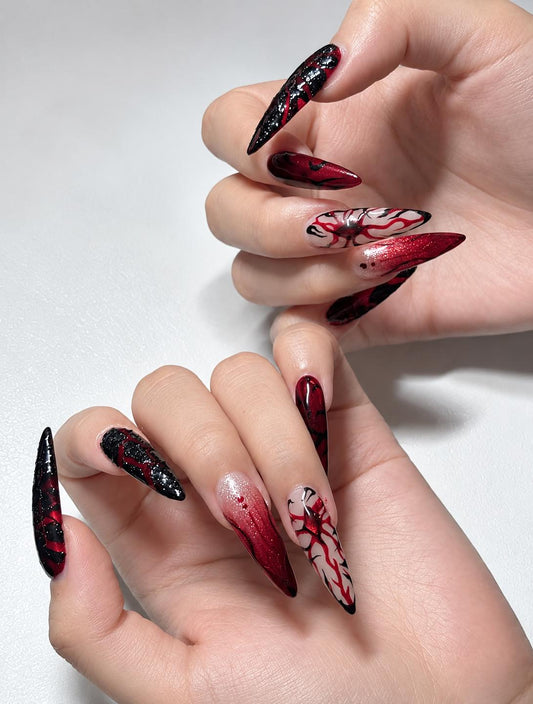 Halloween Press-On Nails – Blood Red & Black – Gothic Stiletto