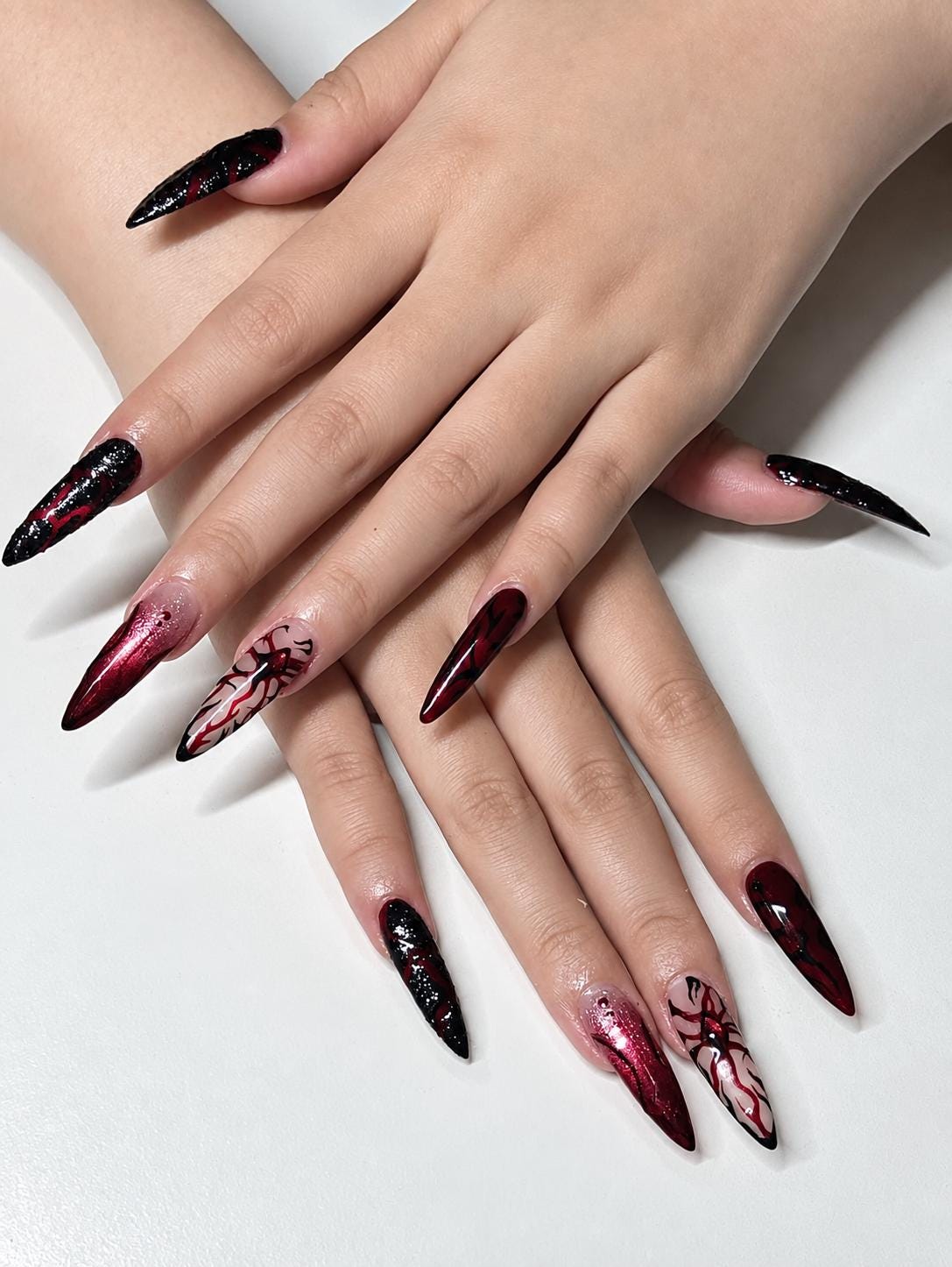 Halloween Press-On Nails – Blood Red & Black – Gothic Stiletto