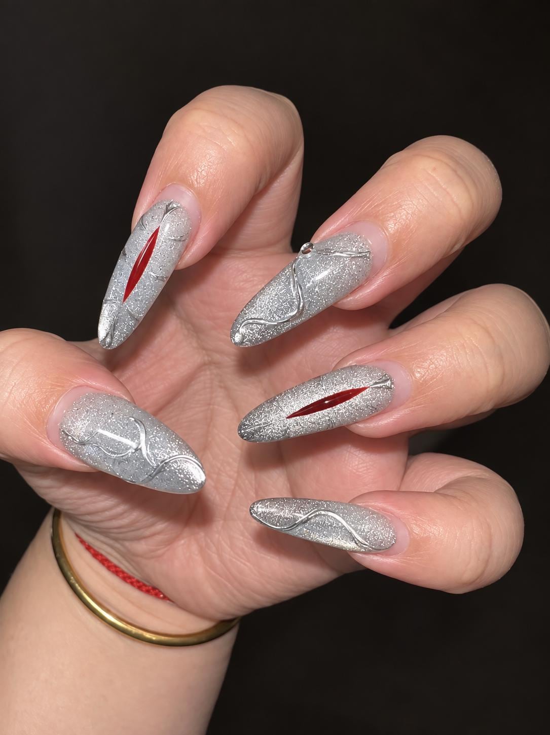 Halloween Press-On Nails – Silver Chrome Vampire Eye – Gothic Metallic