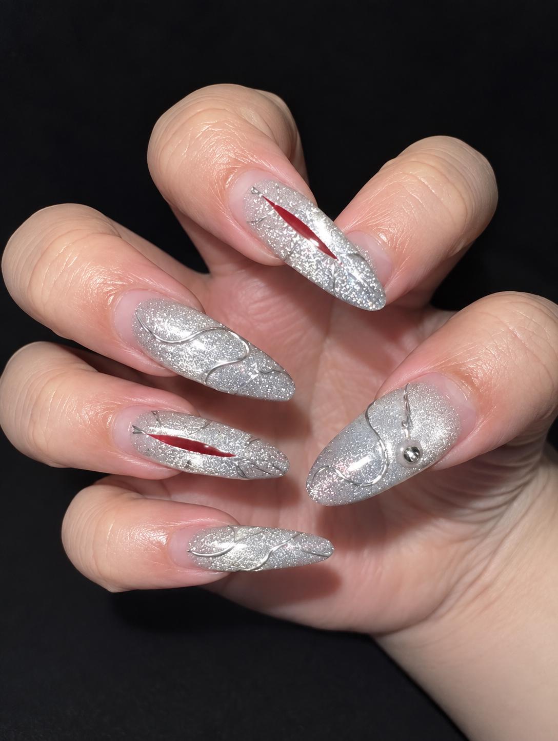Halloween Press-On Nails – Silver Chrome Vampire Eye – Gothic Metallic