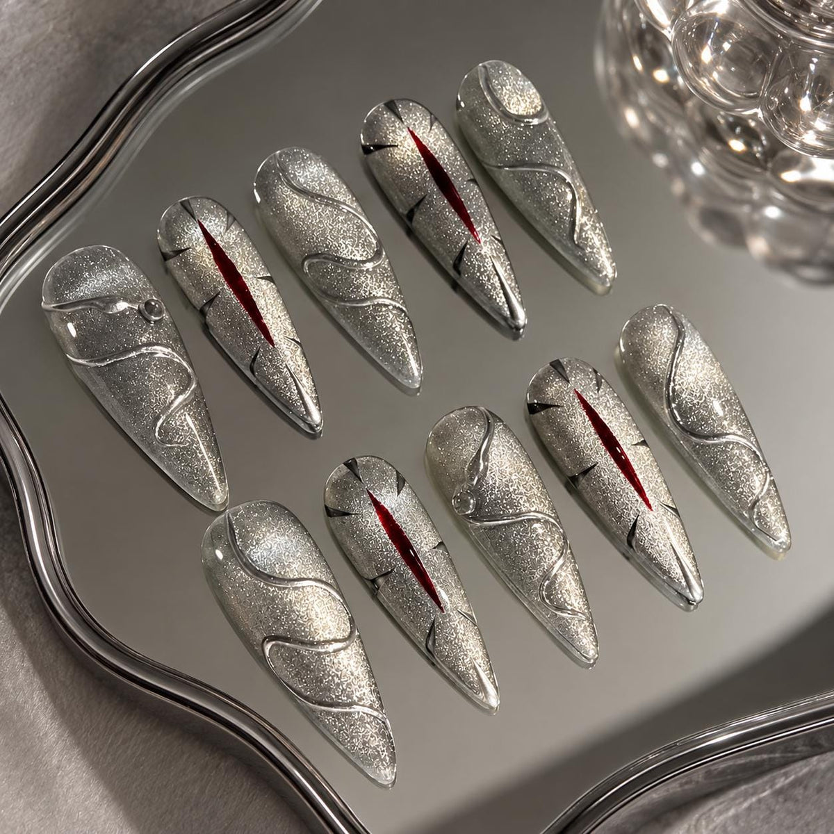 Halloween Press-On Nails – Silver Chrome Vampire Eye – Gothic Metallic
