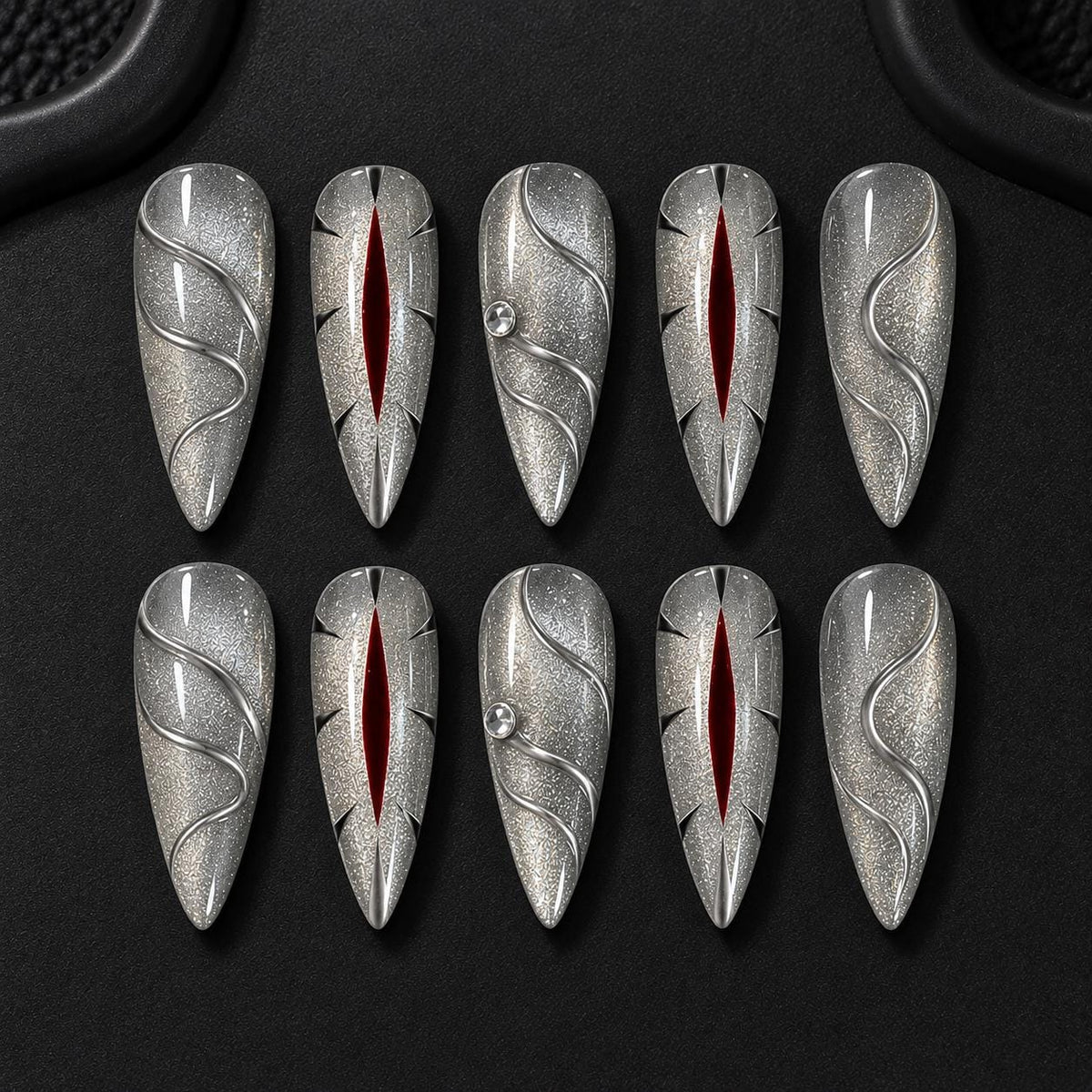 Halloween Press-On Nails – Silver Chrome Vampire Eye – Gothic Metallic