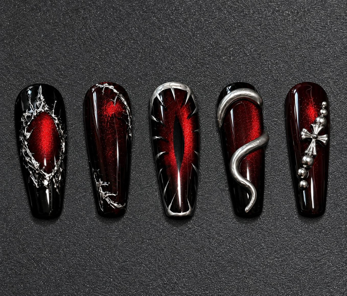 Halloween Press-On Nails – Red & Black Vampire – Demon Eye Gothic
