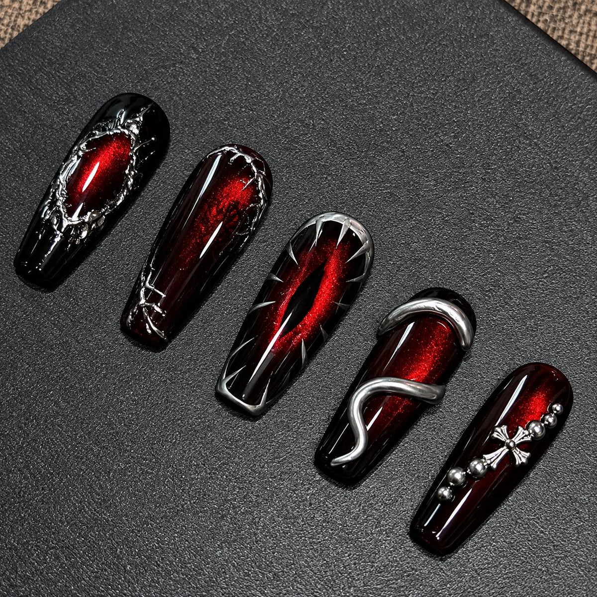Halloween Press-On Nails – Red & Black Vampire – Demon Eye Gothic