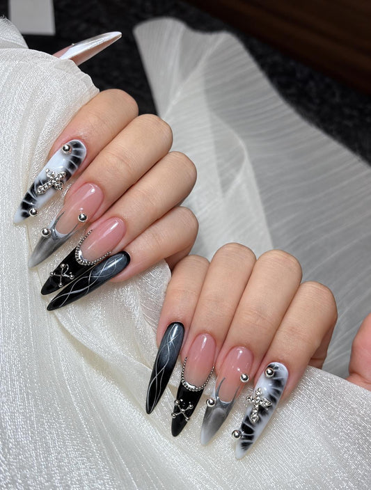 Y2K Press-On Nails – Black & White Chrome – Gothic Cross Details