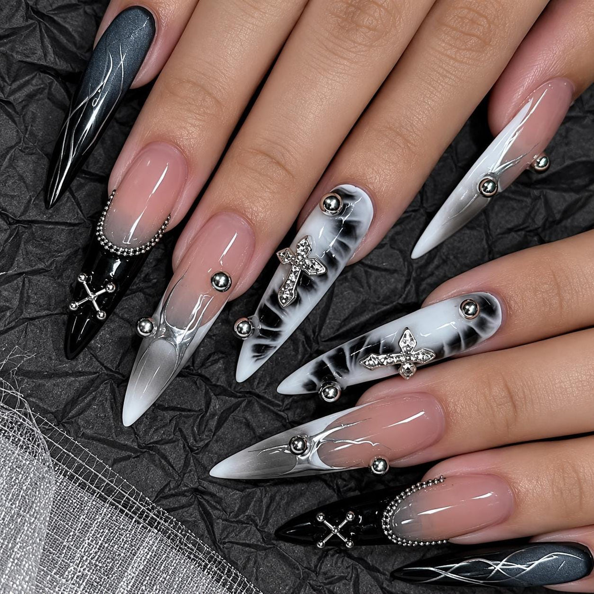 Y2K Press-On Nails – Black & White Chrome – Gothic Cross Details