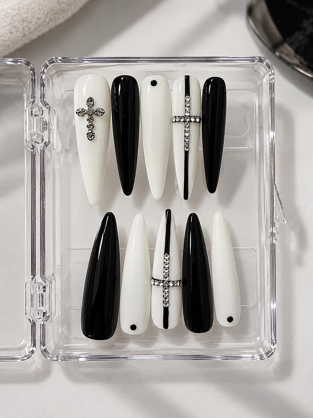 Black & White Cross Press-On Nails – Rhinestone Stiletto – Gothic Details