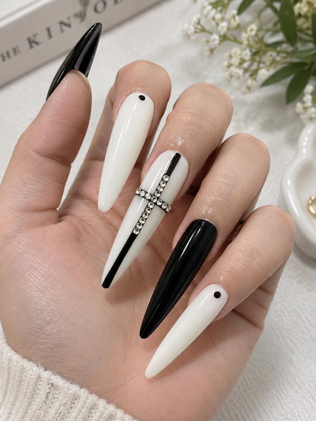 Black & White Cross Press-On Nails – Rhinestone Stiletto – Gothic Details