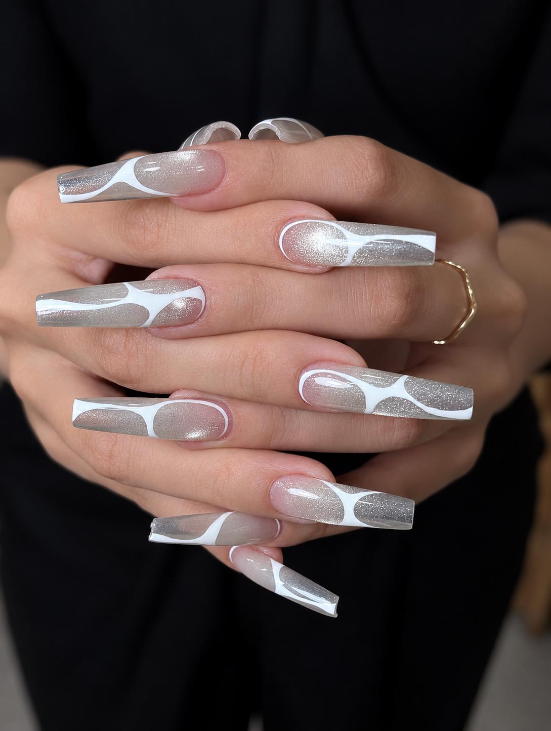 Silver White Press-On Nails – Chrome Abstract Long Square – Shimmer Metallic Details