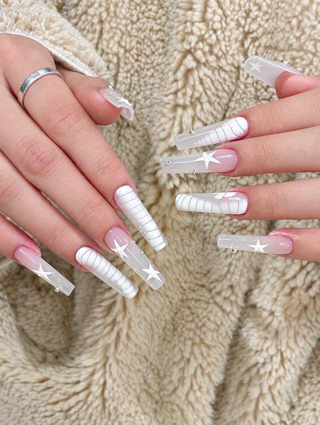 White Star Press-On Nails – Clear Long Square – Celestial Details