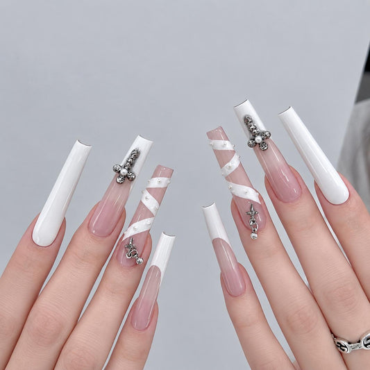 White Cross Press-On Nails – Long Coffin – Pearl Ribbon Details