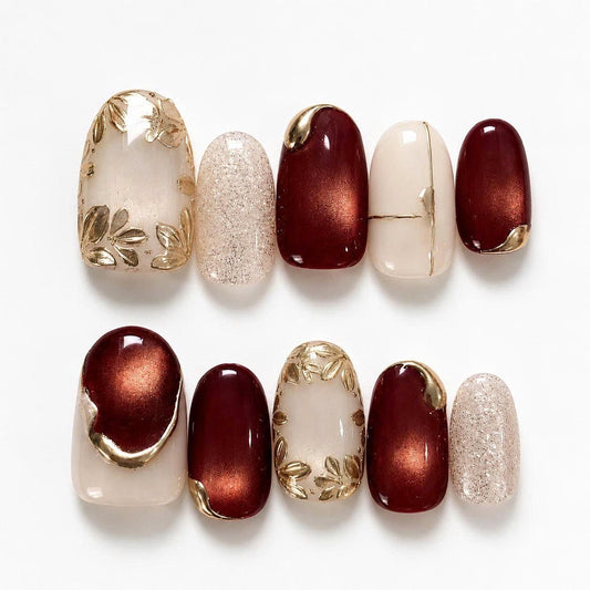 Burgundy Cat Eye Press-On Nails – Gold Floral – Wine Red