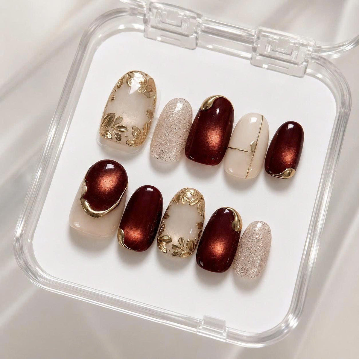 Burgundy Cat Eye Press-On Nails – Gold Floral – Wine Red