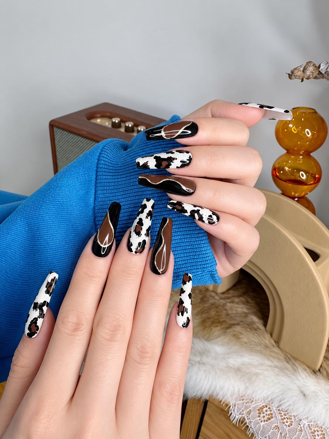 Cow Print Press-On Nails – Brown & Black French Tip – Western Cowgirl
