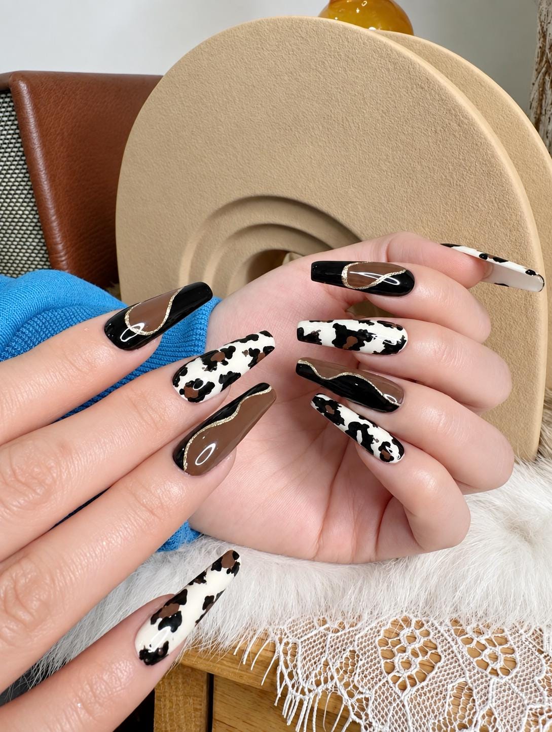 Cow Print Press-On Nails – Brown & Black French Tip – Western Cowgirl