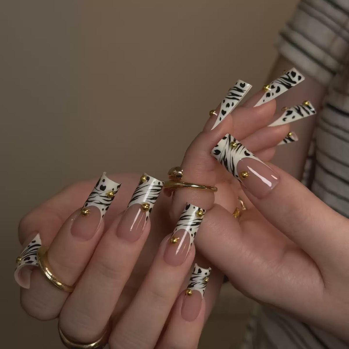 Zebra French Tip Press-On Nails – Animal Print – Gold Stud Details