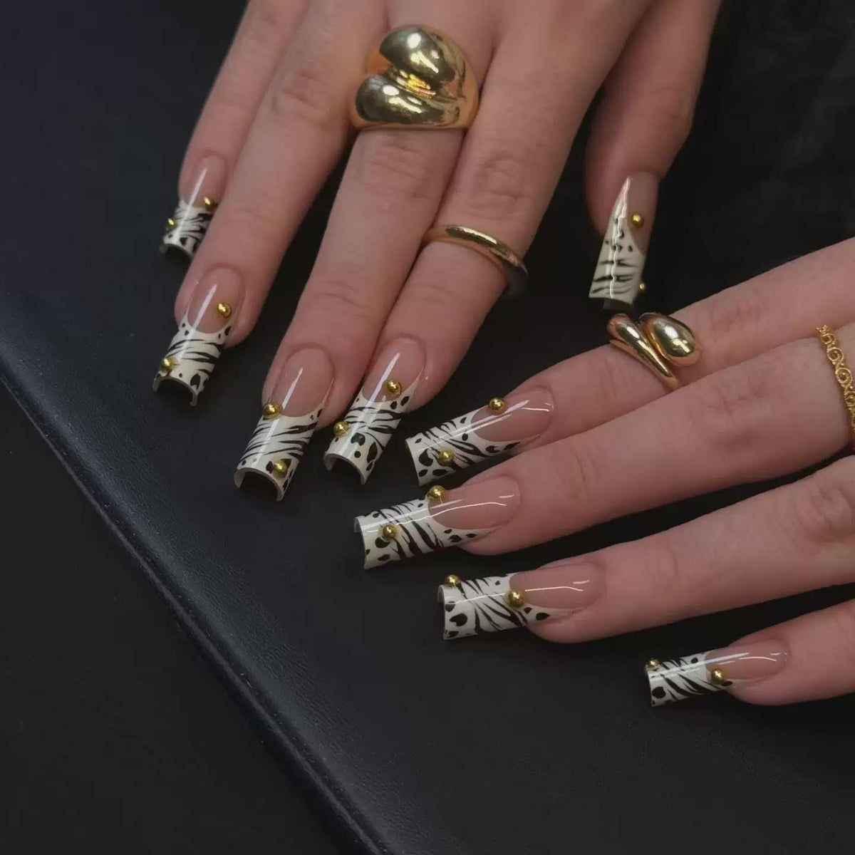Zebra French Tip Press-On Nails – Animal Print – Gold Stud Details