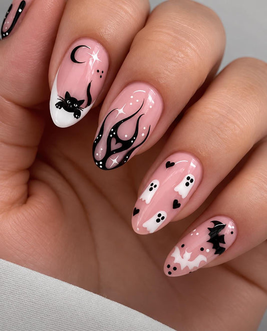 Pink Halloween Press-On Nails – Cute Ghost & Black Cat – Spooky Bat Details