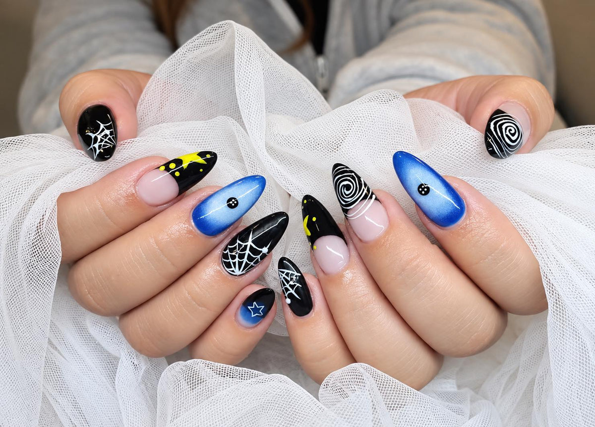 Halloween Press-On Nails – Blue Black Spider Web – Spooky Swirl Details