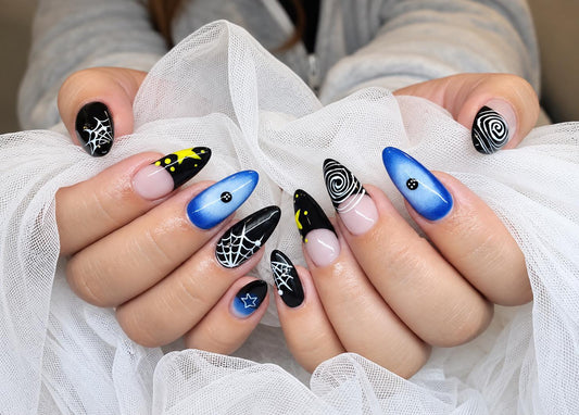 Halloween Press-On Nails – Blue Black Spider Web – Spooky Swirl Details