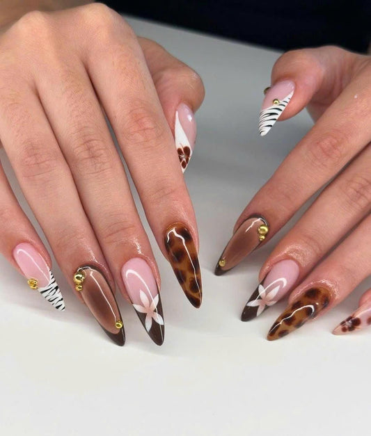 Tortoiseshell Press-On Nails – Brown French Tip – Long Almond