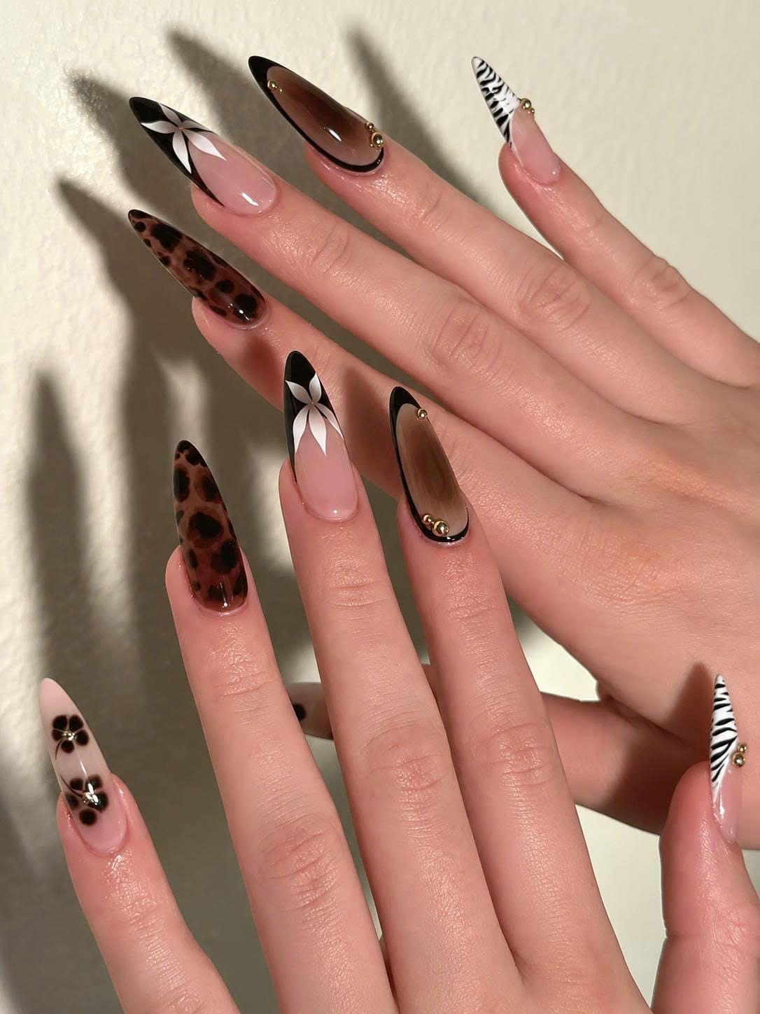 Tortoiseshell Press-On Nails – Brown French Tip – Long Almond