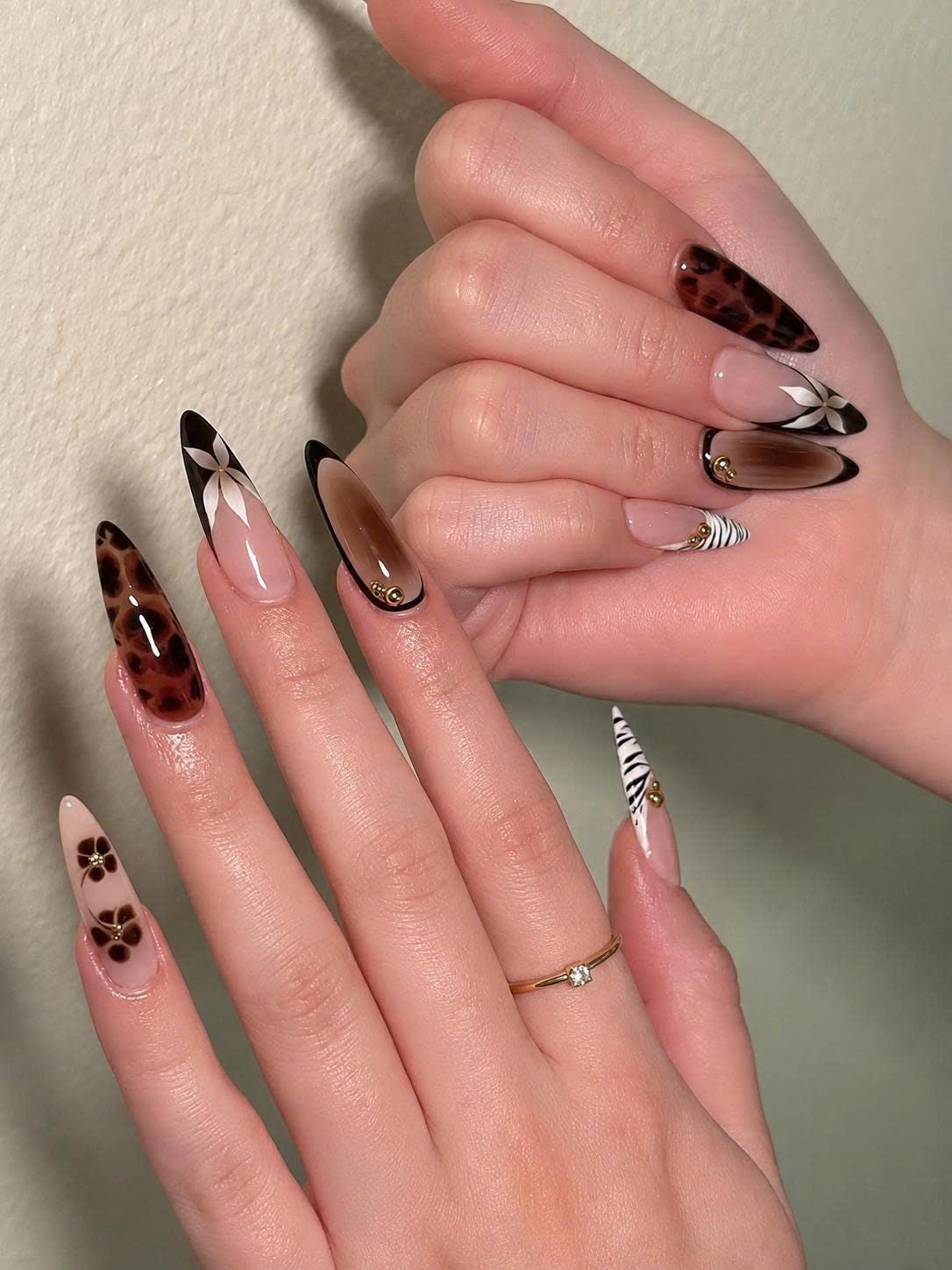 Tortoiseshell Press-On Nails – Brown French Tip – Long Almond