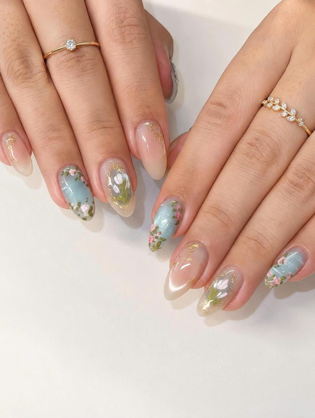 Floral Press-On Nails – Almond French Tip – Blue Flower